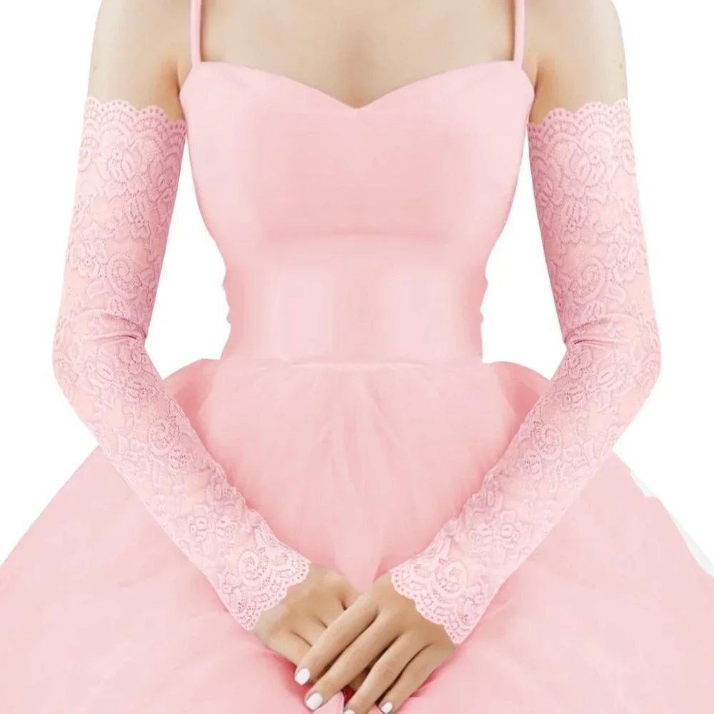 Women's 1 Pink Fingerless Lace Arm Sleeves Gloves Wedding Dress Party Prom